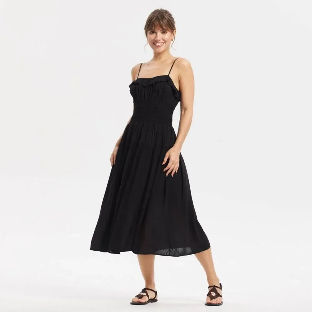 Women's Ruffle Smocked Midi Dress - Universal Thread Black XS